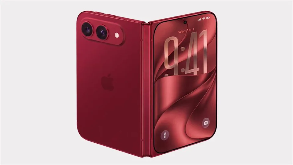 紅色摺疊 iPhone 概念示意圖，非實機照片